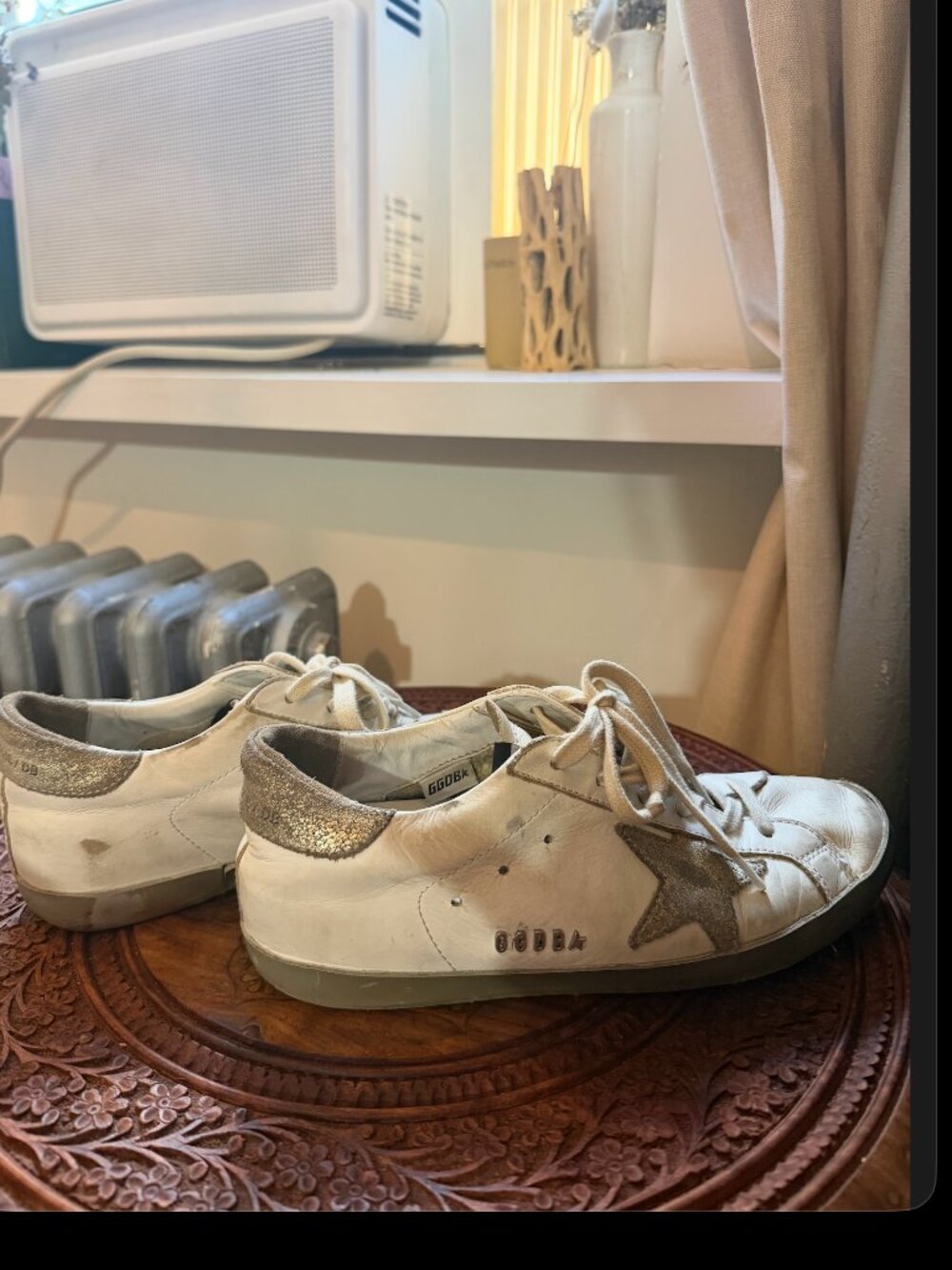 Golden Goose Super-Star White Leather Sneakers Silver Glitter Star Size 37
